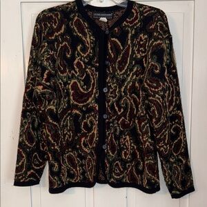 VINTAGE Lauren Alexandra Women’s Paisley Knit Cardigan Size Large Tan & Blue